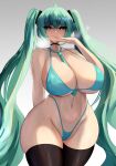  1girl alternate_breast_size aqua_bikini aqua_eyes aqua_hair aqua_necktie between_breasts bikini black_thighhighs breasts cleavage collarbone crossed_bangs curvy gradient_background grey_background hair_between_eyes hatsune_miku heart highleg highleg_bikini highres huge_breasts long_hair looking_at_viewer necktie necktie_between_breasts o-ring o-ring_bikini sana!rpg simple_background solo swimsuit teeth thighhighs twintails very_long_hair vocaloid wide_hips 