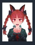  1girl animal_ear_fluff animal_ears black_bow blunt_bangs border bound bound_wrists bow braid breasts bright_pupils cat_ears commentary dress extra_ears fangs floral_print frills green_dress grey_border hair_bow hands_up highres juliet_sleeves kaenbyou_rin light_blush long_hair long_sleeves looking_at_viewer medium_breasts nail_polish nostrils open_mouth pointy_ears puffy_sleeves red_eyes red_hair red_nails red_ribbon ribbon simple_background slit_pupils solo straight-on sweat teeth tied_up_(nonsexual) tongue tongue_out touhou twin_braids upper_body white_background yan_pai 