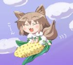  1girl :3 :d =_= animal_ear_fluff animal_ears barefoot blue_background blush_stickers brown_hair chibi closed_eyes cloud commentary_request corn_cob flying fox_ears fox_tail full_body gradient_background happy kudamaki_tsukasa open_mouth purple_background rokugou_daisuke simple_background smile solo tail touhou v_arms white_romper 