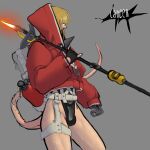  absurd_res bangs blonde_hair bulge clothing crop_top fingerless_gloves gloves hair hair_over_eyes handwear hi_res holding_object holding_weapon hoodie humanoid leotard male not_furry scar shirt slim solo tail tailed_humanoid thecore34 topwear weapon 