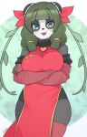  absurd_res anthro arumo asian_clothing bear big_breasts blue_eyes breasts chinese_clothing chinese_dress clothing crossed_arms dress east_asian_clothing female giant_panda green_hair hair hi_res legwear looking_at_viewer mammal open_mouth red_clothing red_dress red_legwear red_thigh_highs short_hair smile solo thigh_highs 