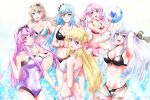  6+girls agnes_claudel ball beachball bikini bikini_skirt black_bikini blue_eyes blue_hair blunt_bangs bow bracelet braid breasts crown_braid denim denim_shorts double-parted_bangs eiyuu_densetsu elaine_auclair green_eyes hair_between_eyes hair_bow hime_cut holding holding_ball holding_beachball jewelry kuro_no_kiseki kuro_no_kiseki_ii large_breasts long_hair looking_at_viewer medium_breasts multiple_girls nadia_rayne one-piece_swimsuit open_mouth pink_bikini purple_one-piece_swimsuit renne_(eiyuu_densetsu) risette_twinings shizuna_rem_misurugi shorts sidelocks small_breasts smile swimsuit twintails water water_drop white_bikini white_hair xiacheng_tatsuya yellow_eyes 