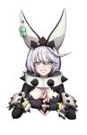  1girl ahoge animal_ears black_gloves blue_eyes blush bracelet breasts cleavage cleavage_cutout clothing_cutout clover collar ebi_pri_shrimp elphelt_valentine fingerless_gloves four-leaf_clover gloves guilty_gear guilty_gear_xrd hairband huge_ahoge jewelry large_breasts looking_at_viewer smile spiked_bracelet spiked_collar spiked_hairband spikes white_hair 