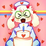  &lt;3 2_horns ambiguous_gender anthro blush bovid cake candle caprine clothed clothing deltarune dessert eyes_closed eyewear fangs fire floppy_ears fluffy food fur g4cruf0 glasses goat hat headgear headwear horn mammal open_mouth open_smile ralsei round_glasses simple_background smile solo teeth toony topwear undertale_(series) white_body white_fur 