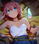  1girl absurdres bare_arms bare_shoulders blue_eyes bow breasts brown_vest chromatic_aberration d: doki_doki_literature_club english_text hair_between_eyes hair_bow highres jacket khyle. looking_up lying on_back phone pink_hair pleated_skirt red_bow reference_request ribbon sayori_(doki_doki_literature_club) shirt shirt_tucked_in short_hair skirt small_breasts solo teeth unworn_jacket unworn_vest vest white_shirt 