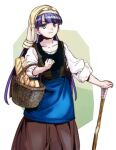  1girl alternate_costume aoba_(smartbeat) apron baguette bandana basket black_shirt blue_apron blue_eyes bread breasts brown_skirt collarbone corset fate/grand_order fate_(series) food layered_shirt long_hair long_skirt looking_at_viewer martha_(fate) medium_breasts purple_hair shirt skirt smile solo white_shirt 