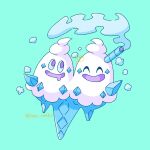  blue_background closed_eyes drooling food frost ham_umiko happy ice ice_cream mouth_drool no_humans open_mouth pokemon purple_eyes signature simple_background smile solo twitter_username vanilluxe 