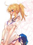  1girl ahoge artoria_pendragon_(fate) baseball_cap bikini bikini_under_clothes blonde_hair blue_eyes blue_headwear blush breasts cleavage collarbone fate/grand_order fate_(series) hair_between_eyes hat highres large_breasts long_hair mitsurugi_sugar mysterious_heroine_xx_(fate) open_mouth ponytail see-through see-through_cleavage shirt short_sleeves sidelocks smile solo swimsuit thighs unworn_hat unworn_headwear wet wet_clothes white_bikini white_shirt 