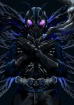  1boy absurdres black_background black_gloves crossed_arms driver_(kamen_rider) gloves helmet highres kamen_rider kamen_rider_0 kintsuba_(kintsuba_08) male_focus scarf shin_kamen_rider 