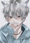  1boy animal_ears blue_hoodie blush cat_boy cat_ears chain_necklace commentary ear_piercing earrings fingernails grey_background grey_eyes grey_hair hair_between_eyes highres hood hoodie jewelry looking_at_viewer male_focus necklace original piercing portrait short_hair simple_background solo sosaku_25 symbol-only_commentary 
