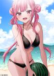  1girl bare_shoulders beach bikini black_bikini blush breasts chigusa_minori cleavage collarbone cowboy_shot day double_bun food fruit hair_bun halterneck long_hair medium_breasts o-ring o-ring_bikini ocean open_mouth original outdoors pink_eyes pink_hair sidelocks sky smile solo stomach swimsuit watermelon 