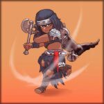  absurdres armor axe bandaged_foot bandaged_leg bandages bird black_skirt brown_eyes chain chain_belt chibi dark-skinned_female dark_skin dual_wielding elden_ring feet fighting_stance gradient_background hawk heel-less_legwear highres holding holding_axe looking_at_viewer midriff motion_lines nepheli_loux orange_background shaded_face shadow shoulder_armor skirt toes xrnl2018 