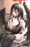  1girl bare_shoulders black_hair black_wings blue_archive blush breasts cleavage collarbone commission emanon123 feathered_wings halo hasumi_(blue_archive) highres huge_breasts long_hair looking_at_viewer navel pixiv_commission red_eyes solo thighhighs thighs wings 