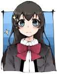  1girl arms_at_sides black_hair blue_background blue_eyes border bow bowtie breast_pocket closed_mouth collared_shirt commentary cropped_torso gradient_background grey_jacket hair_ornament highres jacket kagura_hikari long_hair long_sleeves looking_at_viewer no_pupils open_clothes open_jacket outside_border pocket red_bow red_bowtie school_uniform seishou_music_academy_uniform shirt shoujo_kageki_revue_starlight solo sparkle sparkle_hair_ornament upper_body white_border white_shirt yamarium 