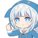  1girl animal_hood aprob_(meme) blue_eyes blue_hoodie bright_pupils chibi gawr_gura gawr_gura_(1st_costume) grey_hair hololive hololive_english hood hoodie meme shark_hood sharp_teeth short_hair smile solo teeth thumbs_up upper_body upper_teeth_only virtual_youtuber white_pupils zephylyne 