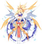  1girl bat_wings blonde_hair blue_eyes breasts bright_pupils cleavage demon_girl demon_wings detached_sleeves detached_wings disgaea disgaea_rpg dress feathers full_body hair_between_eyes highres jewelry large_breasts multiple_wings non-web_source official_art open_mouth photoshop_(medium) ring rozalin slit_pupils solo sparkle strapless strapless_dress transparent_background updo white_wings wings 
