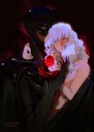  2boys arm_around_neck bare_shoulders behelit berserk black_cape blood blood_on_hands cape claws commentary covering dark_persona dual_persona english_commentary femto_(berserk) floating floating_object griffith_(berserk) hair_between_eyes hand_grab highres holding long_hair looking_at_object looking_at_viewer multiple_boys naruysae white_hair 