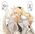  2girls animal_ear_fluff animal_ears arknights armor arya_melati blemishine_(arknights) blonde_hair blush closed_mouth commentary english_text extra_ears eye_contact fur_trim high_collar highres horse_ears horse_girl long_hair looking_at_another multiple_girls platinum_(arknights) ponytail sidelocks simple_background sparkle speech_bubble twitter_username white_background white_hair yellow_eyes yuri 