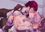  2girls breasts closed_eyes commission constellation eyewear_on_head fu_xuan_(honkai:_star_rail) hair_ornament hair_stick heart highres honkai:_star_rail honkai_(series) kafka_(honkai:_star_rail) kiss long_hair multiple_girls nipples onitak pink_hair purple_hair yuri 