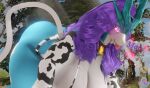  3d_(artwork) animal_print anthro big_butt bikini breasts butt cleavage clothed clothing cow_print digital_media_(artwork) female generation_2_pokemon hair hi_res huge_butt legendary_pokemon nintendo pokemon pokemon_(species) purple_hair solo suicune swimwear tongue tongue_out xlkev 