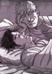  2boys bad_id bad_tumblr_id bara black_hair blonde_hair couple cris_art elbow_rest from_side holding holding_phone hulkling looking_at_another lying male_focus marvel messy_hair multiple_boys on_back phone saliva short_hair sideburns sideburns_stubble sleeping smirk sparse_stubble taking_picture thick_eyebrows upper_body wiccan yaoi 