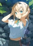  1girl arms_up blonde_hair blue_eyes day hana_mori hand_in_own_hair hololive kazama_iroha leaf long_hair looking_at_viewer outdoors shirt short_sleeves skirt solo stone_wall string_in_mouth upper_body virtual_youtuber wall water_drop white_shirt 