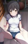  1girl basketball_(object) blush breasts brown_eyes brown_hair buruma closed_mouth dappled_sunlight echiru39 gym_storeroom gym_uniform hands_on_floor highres leaning_back long_hair looking_at_viewer medium_breasts on_floor original shadow sitting sunlight 