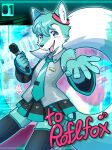  2023 anthro blue_body blue_eyes blue_fur blush bottomwear canid canine clothed clothing cosplay crossdressing cute_fangs digital_media_(artwork) fox fur fur_markings hatsune_miku hi_res holding_microphone holding_object keyboard legwear looking_at_viewer male mammal markings microphone musical_note mutekinooimo necktie open_mouth open_smile reaching_towards_viewer roflfox shirt skirt smile solo standing thigh_highs tongue topwear vocaloid white_body white_fur 