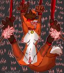  anthro blindfold canid canine cleaning_tool collar feather_duster feet female fox hi_res laugh leapsandtumbles mammal muffy_(leapsandtumbles) onomatopoeia questionable_consent solo sound_effects suspension text tickle_torture tickling 
