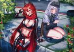  2girls :d absurdres blush breasts cleavage closed_mouth commentary goddess_of_victory:_nikke groin hair_between_eyes highres large_breasts looking_at_viewer manjo_(warito) midriff multiple_girls navel open_mouth red_hood_(nikke) shadow sidelocks sitting smile snow_white:_innocent_days_(nikke) snow_white_(nikke) squatting symbol-only_commentary teeth 