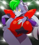  absurd_res anthro arm_wraps big_breasts bracelet breasts canid canine canis collar ear_piercing ear_ring female five_nights_at_freddy&#039;s five_nights_at_freddy&#039;s:_security_breach glowing glowing_eyes hand_on_hip hi_res huge_breasts jewelry kojiro-brushard leaning leaning_forward lens_flare looking_at_viewer mammal piercing ring_piercing roxanne_wolf_(fnaf) scottgames solo spiked_bracelet spiked_collar spikes steel_wool_studios wolf wraps 