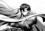  1boy 1girl absurdres alear_(female)_(fire_emblem) alear_(fire_emblem) armor black_gloves circlet diamant_(fire_emblem) fire_emblem fire_emblem_engage fur_trim gloves greyscale highres holding hug illust_mi long_hair monochrome short_hair very_long_hair white_background 