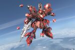  3d aaronhanart absurdres beam_rifle blue_sky char&#039;s_counterattack cloud damaged dirty emblem energy_cannon energy_gun english_commentary flying gundam highres machinery mecha mobile_suit neo_zeon no_humans photo_background realistic robot roundel sazabi science_fiction sky weapon 