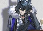  1boy animal_ears arknights arm_support arm_up black_gloves black_hair black_necktie black_suit cloak collared_shirt commentary cup drinking_glass ear_piercing formal frown fur-trimmed_cloak fur_trim gloves grey_cloak highres hou_(ppo) infection_monitor_(arknights) looking_at_viewer male_focus necktie piercing pinstripe_pattern pinstripe_suit profile shadow shirt sidelocks simple_background solo striped suit symbol-only_commentary undershirt upper_body vigil_(arknights) white_background white_shirt wine_glass wolf_boy wolf_ears yellow_eyes 