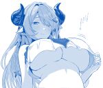 1girl blue_theme braid breasts draph eyes_visible_through_hair granblue_fantasy hair_ornament hair_over_one_eye horns large_breasts looking_at_viewer metsu_end monochrome narmaya_(granblue_fantasy) pointy_ears simple_background single_braid smile solo translation_request underboob upper_body white_background 