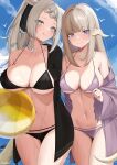  2girls :p absurdres au_ra ball beachball bikini bird black_bikini black_jacket blue_sky blush breasts cleavage closed_mouth cloud collarbone commentary_request commission curvy day final_fantasy final_fantasy_xiv grey_eyes hair_ornament highres jacket large_breasts licking_lips light_brown_hair long_hair looking_at_viewer medium_breasts miqo&#039;te multiple_girls navel ocean outdoors plump purple_eyes purple_jacket shhilee sidelocks skeb_commission sky smile standing swimsuit tail tongue tongue_out underboob warrior_of_light_(ff14) wet white_bird 