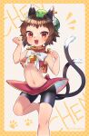  1girl animal_ear_piercing animal_ears bell bike_shorts breasts brown_hair cat_ears cat_girl cat_tail chen fangs gold_trim hat highres hoop_piercing ibaraki_natou mob_cap multiple_tails navel nekomata open_mouth paw_pose paw_print petite red_eyes short_hair small_breasts solo tail touhou two_tails 