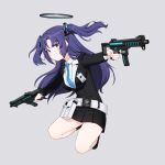  1girl absurdres artpatient blazer blue_archive blue_halo blue_necktie closed_mouth full_body grey_background gun halo highres holding holding_gun holding_weapon jacket long_hair looking_at_viewer necktie purple_eyes purple_hair shirt sig_mpx simple_background solo submachine_gun thighs weapon white_shirt yuuka_(blue_archive) 