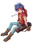  1boy belt blue_hair boots brown_eyes closed_mouth denim full_body gloves headband jeans looking_at_viewer male_focus ochi_marco pants red_vest rody_roughnight simple_background smile solo vest weapon white_background wild_arms wild_arms_1 