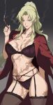  1girl ass_visible_through_thighs balalaika_(black_lagoon) black_background black_lagoon blonde_hair blue_eyes bra burn_scar cigar formal garter_belt garter_straps gradient_background highres holding holding_cigar long_hair mikazuki_shigure mole mole_under_eye navel panties red_bra red_panties scar scar_on_breasts scar_on_face smoke solo suit thighhighs thighs underwear 