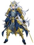  1boy armor closed_mouth fur_trim hair_between_eyes holding holding_sword holding_weapon japanese_armor katagiri_hachigou katana legs_apart long_hair male_focus orange_eyes personification pokemon ponytail samurott scar scar_on_face solo standing sword tassel very_long_hair weapon white_hair 