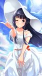  1girl bare_shoulders black_hair blue_eyes blue_ribbon blue_sky blush bow breasts cloud collarbone cowboy_shot day dot_nose dress dress_bow frilled_dress frills grin hand_up hat hat_ribbon highres idolmaster idolmaster_million_live! idolmaster_million_live!_theater_days index_finger_raised long_hair looking_at_viewer mogami_shizuka nagmilk off-shoulder_dress off_shoulder one_eye_closed outdoors red_bow ribbon short_sleeves sky small_breasts smile solo standing white_dress white_headwear 