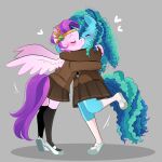  &lt;3 2023 anthro anthrofied blue_body blue_hair blue_tail blush bottomwear brown_clothing clothing crown curled_hair digital_media_(artwork) duo embrace equid equine eyes_closed feathered_wings feathers female female/female footwear fur grey_background hair hasbro headgear hi_res horn hug kissing long_hair mammal misty_(g5) mlp_g5 multicolored_hair my_little_pony pegasus pink_body pink_feathers pink_fur pipp_petals_(mlp) purple_hair purple_tail school_uniform shoes simple_background skirt socks stevetwisp tail two_tone_hair two_tone_tail unicorn uniform wings 