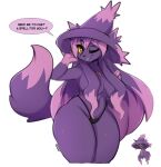  2023 anthro black_clothing black_panties black_underwear breasts clothing convenient_censorship dialogue dipstick_tail eyebrows eyelashes female fur generation_4_pokemon hair hi_res i_am_kat95 jewelry looking_at_viewer markings mismagius necklace nintendo one_eye_closed panties pokemon pokemon_(species) purple_body purple_fur purple_hair red_eyes smile solo tail tail_markings thick_thighs underwear wide_hips wink yellow_sclera 