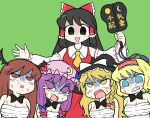  5girls alice_margatroid black_bow black_bowtie black_eyes black_hair blonde_hair blue_eyes blush bow bowtie braid breasts brown_eyes brown_hair bseibutsu cleavage clenched_teeth collared_shirt cookie_(touhou) crescent crescent_hat_ornament demon_wings detached_sleeves empty_eyes fang frilled_bow frilled_hair_tubes frilled_hairband frills gloom_(expression) green_background gunbai hair_bow hair_tubes hairband hakurei_reimu hat hat_bow hat_ornament head_wings kasai_(cookie) kirisame_marisa koakuma long_hair mai_(cookie) medium_bangs medium_breasts mikami_makoto mob_cap multiple_girls necktie noel_(cookie) open_mouth patchouli_knowledge pink_headwear purple_eyes purple_hair red_bow red_hairband red_shirt red_skirt ribbon-trimmed_sleeves ribbon_trim sarashi shirt short_hair side_braid simple_background single_braid skirt sleeveless sleeveless_shirt smile teeth touhou triangle_mouth upper_body war_fan white_bow white_shirt white_sleeves wings witch_hat yayoi_usagi yellow_necktie 