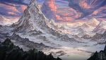  absurdres cliff cloud cloudy_sky colorful critical_role english_commentary highres idrawbagman landscape logo mountain mountainous_horizon nature no_humans outdoors scenery sky snow sunrise winter 