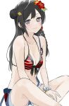  1girl bikini black_hair breasts collarbone grey_eyes hanamaruyama628 highres long_hair looking_at_viewer love_live! love_live!_nijigasaki_high_school_idol_club medium_breasts one_side_up red_bikini simple_background sitting smile solo striped striped_bikini swimsuit white_background yuuki_setsuna_(love_live!) 