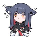 1girl :3 animal_ears arknights black_gloves black_hair blush_stickers brown_eyes chibi ear_piercing ear_wiggle ears_down fingerless_gloves gloves huang_qing_ye id_card jacket lowres motion_lines piercing red_hair simple_background solo texas_(arknights) white_background white_jacket wolf_ears wolf_girl 