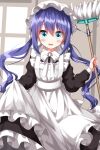  1girl :d alternate_costume apron black_dress blue_eyes blue_hair blush bow dress enmaided frilled_apron frills hair_between_eyes hat highres holding koisuru_asteroid long_hair long_sleeves looking_at_viewer maid maid_apron maid_headdress manaka_ao mob_cap open_mouth ruu_(tksymkw) smile solo twintails white_apron 