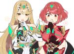  2girls amiibo blonde_hair blush breasts chest_jewel dress earrings figure gem gloves headpiece highres jewelry kinagi_(3307377) large_breasts long_hair multiple_girls mythra_(massive_melee)_(xenoblade) mythra_(xenoblade) open_mouth pyra_(xenoblade) red_eyes red_hair short_hair super_smash_bros. surprised swept_bangs tiara very_long_hair white_dress white_gloves xenoblade_chronicles_(series) xenoblade_chronicles_2 yellow_eyes 